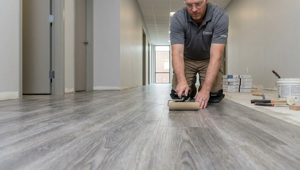 Commercial vinyl flooring installation by 2020 Flooring with heavy-duty luxury vinyl plank in a business space